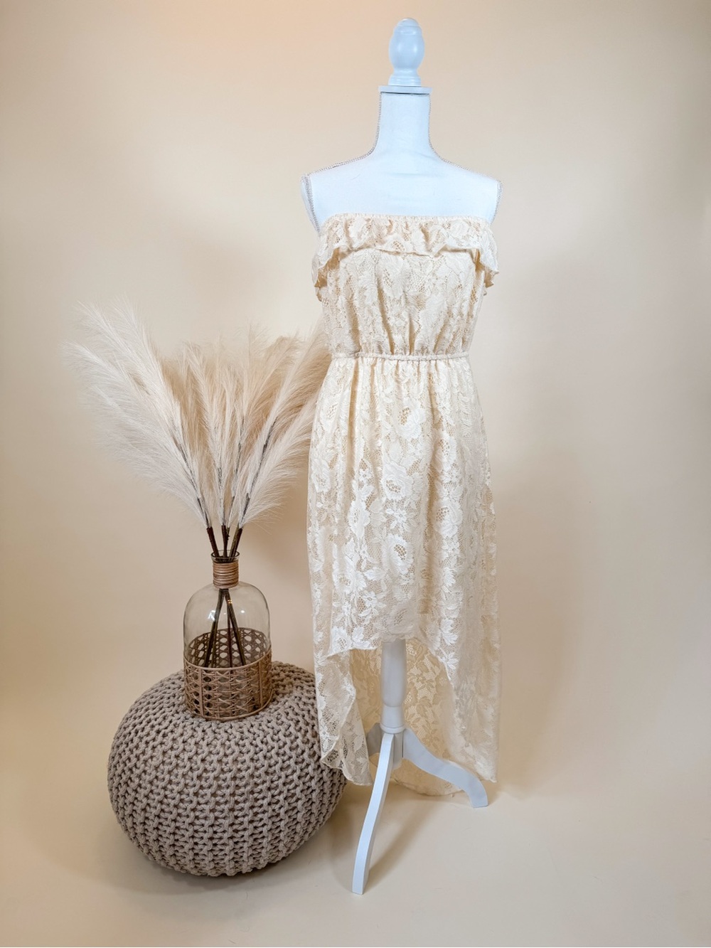 Trixxi Cream Lace High-Low Strapless Dress